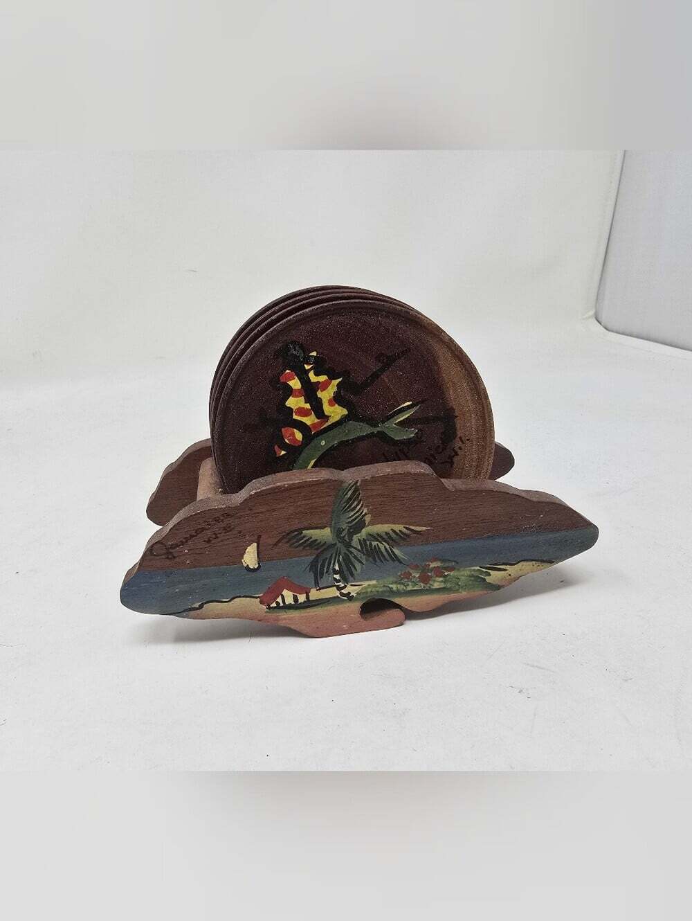 Vintage 70s 60s Wood Coaster Set Jamaica Caribbean Calypso Folk Music Souvenir